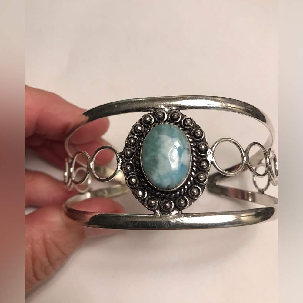 Larimar Stamped 925 Sterling Silver Cuff Bracelet - Picture 2 of 5